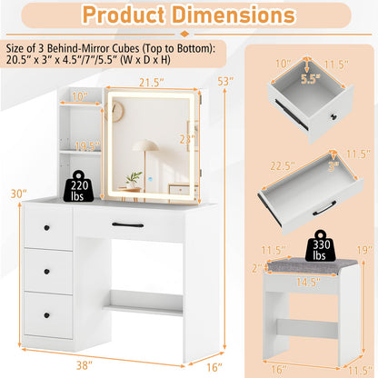 Makeup Vanity Desk with Sliding Mirror Cabinet, 38” Compact Vanity Table with Cushioned Stool