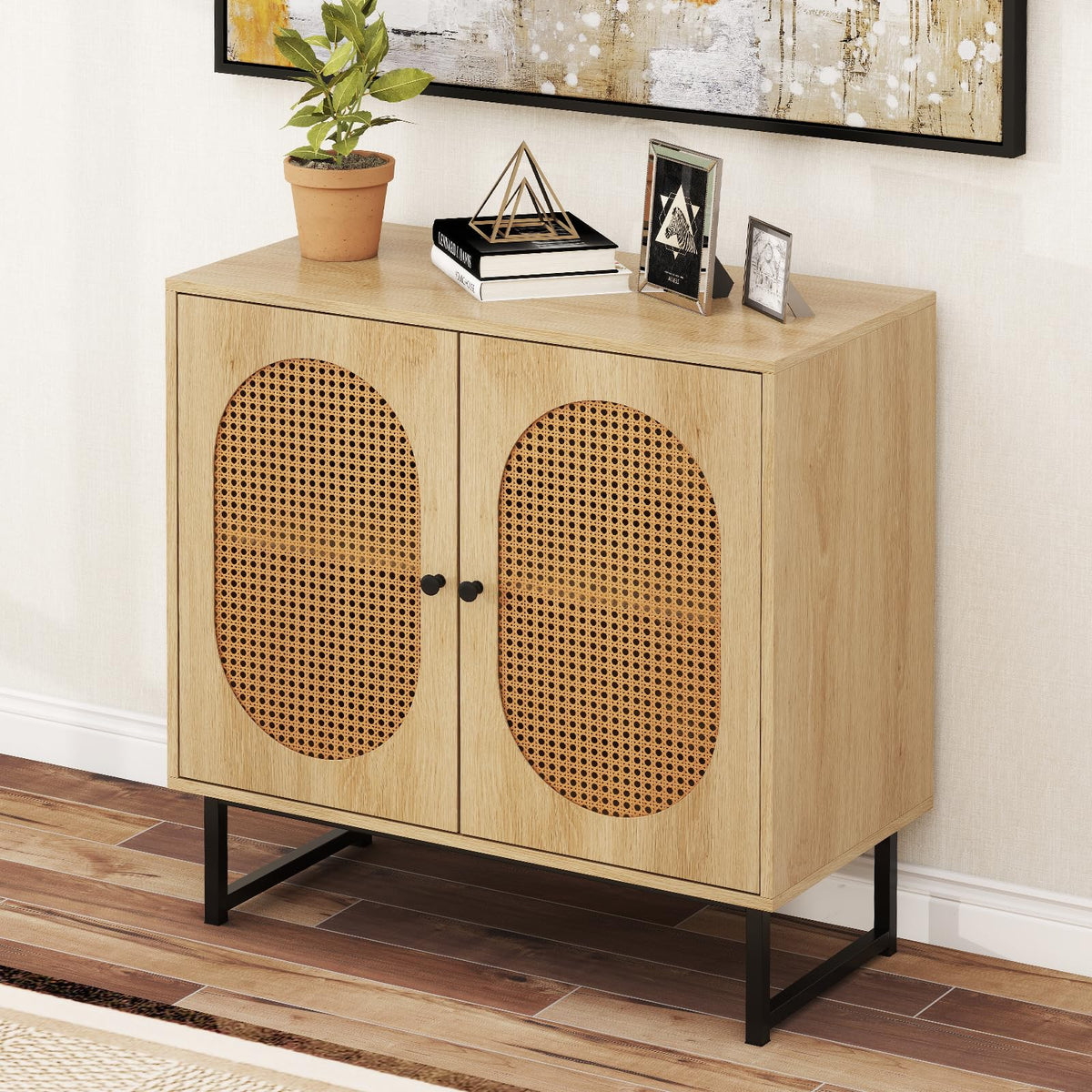 Goflame Small PE Rattan Buffet Cabinet with 2-Door Boho Sideboard