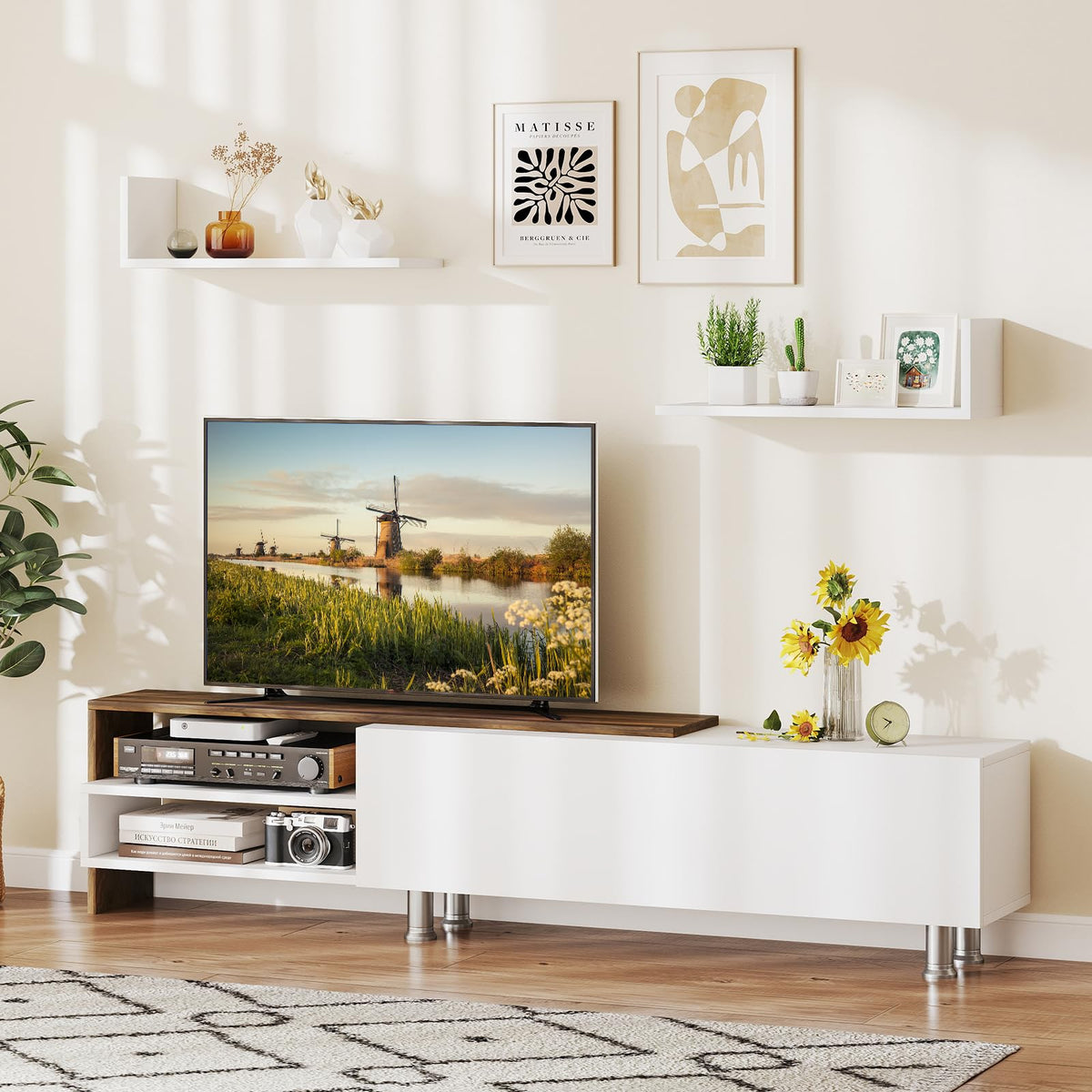 Goflame 80 Inch TV Stand and 2 Floating Shelves Set