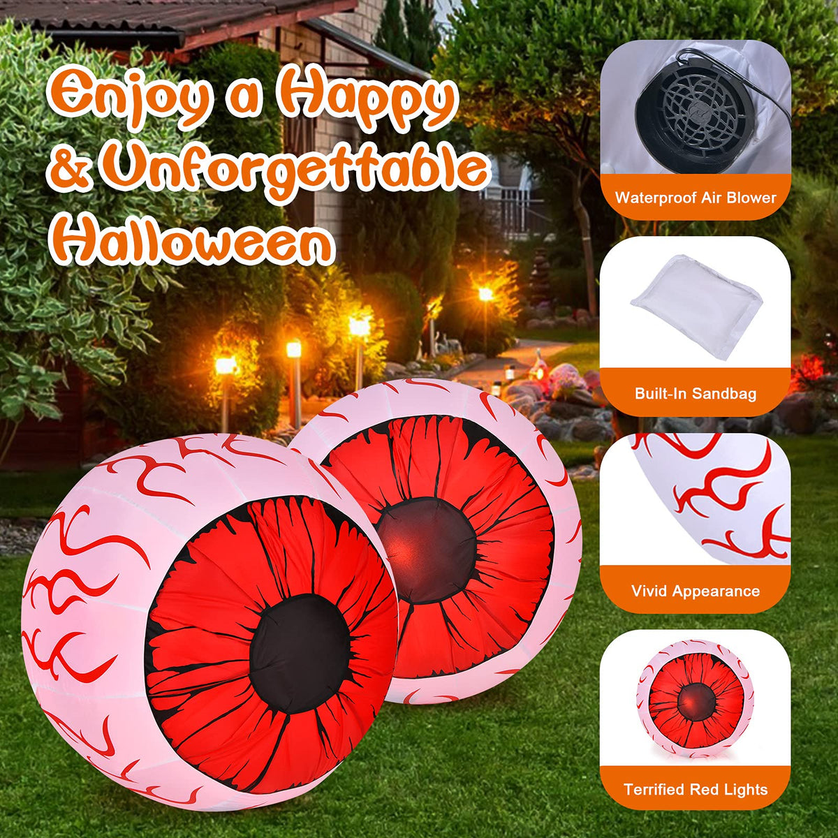 2 Pack 3 FT Halloween Inflatable Eyeballs W/ Air Blower, Red LED Lights
