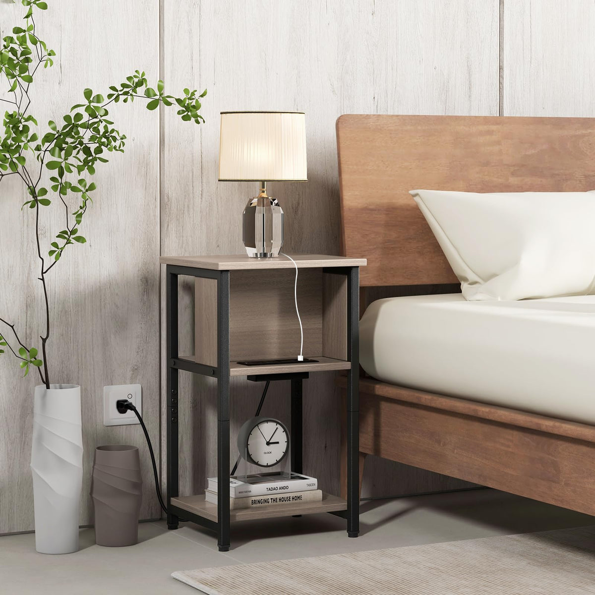 Goflame Nightstand with Charging Station, 3-Tier End Table with USB Ports & Power Outlets