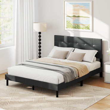 Goflame Queen Bed Frame Linen Upholstered Platform Bed with Button Tufted Headboard