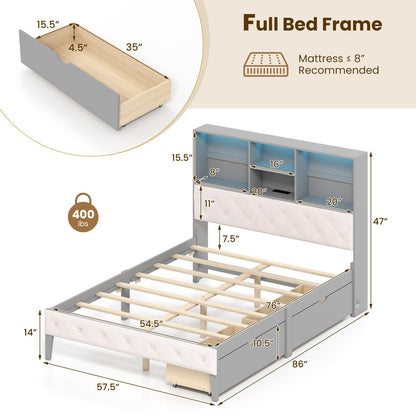 Goflame Gray Full Size Bed Frame with Upholstered Bookcase Headboard