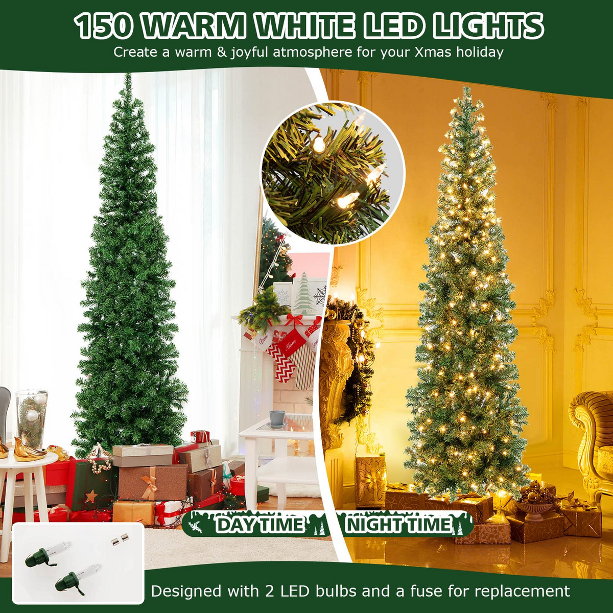 Goflame 7ft Prelit Half-Shape Christmas Tree, Space-Saving Slender Artificial Xmas Tree with 150 LED Lights - GoflameUS