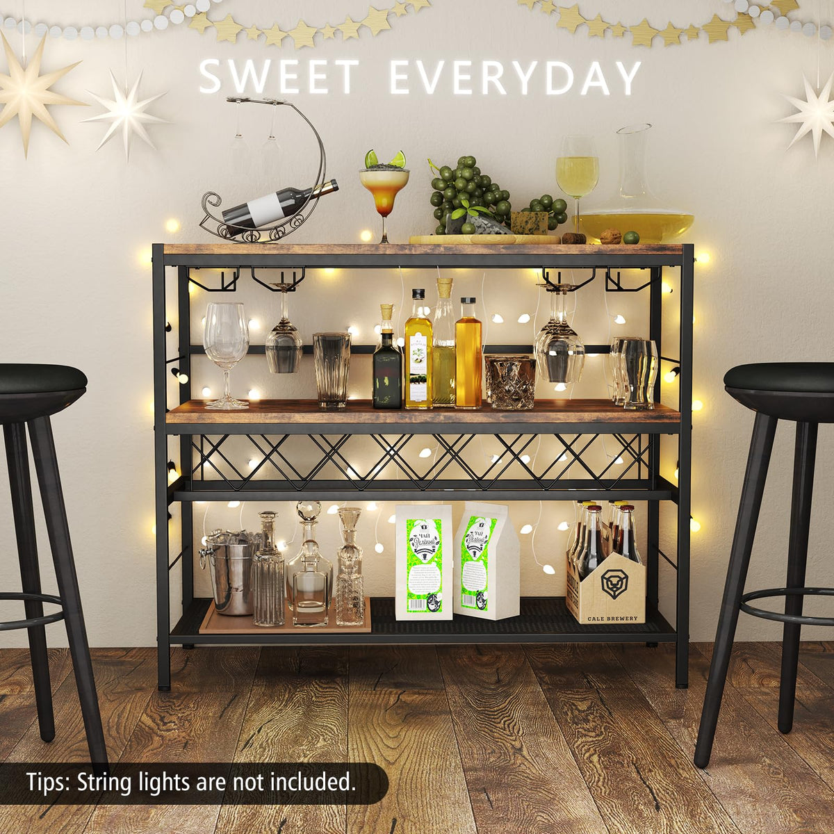 Goflame 4-Tier Wine Rack Table - 7-Bottle Wine Bar Cabinet w/ 4 Wine Racks & 16 Glasses Holder