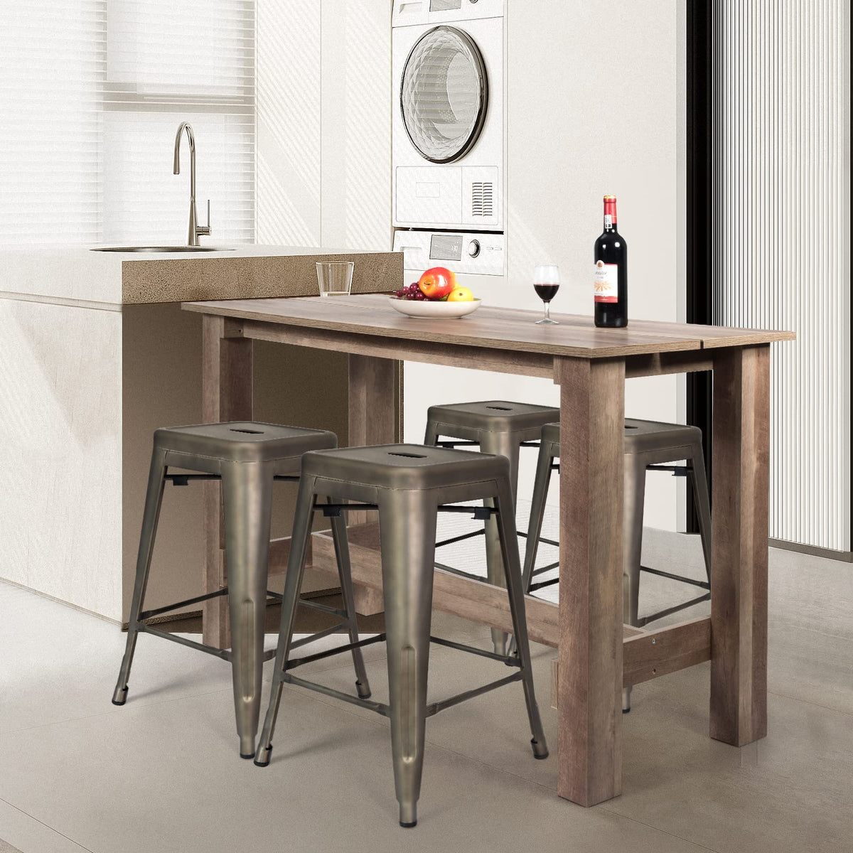 Goflame 5 Pieces Dining Table Set, Rectangular Counter Height Table w/ 4 Metal Bar Stools