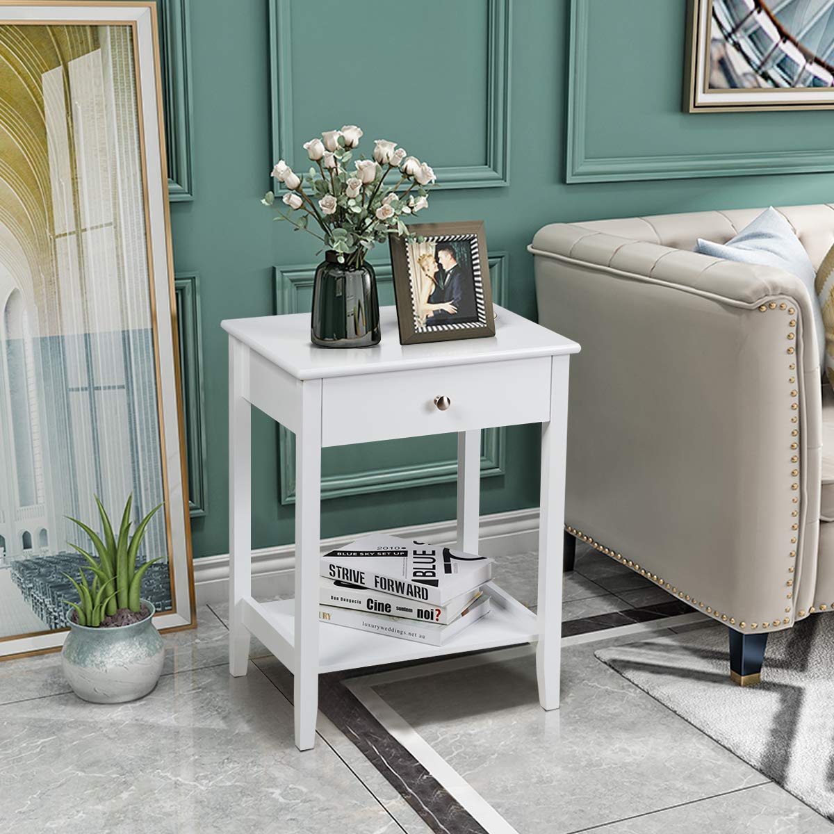 Nightstand Wooden 2-Tier Couch Sofa Side Table with Drawer, End Table