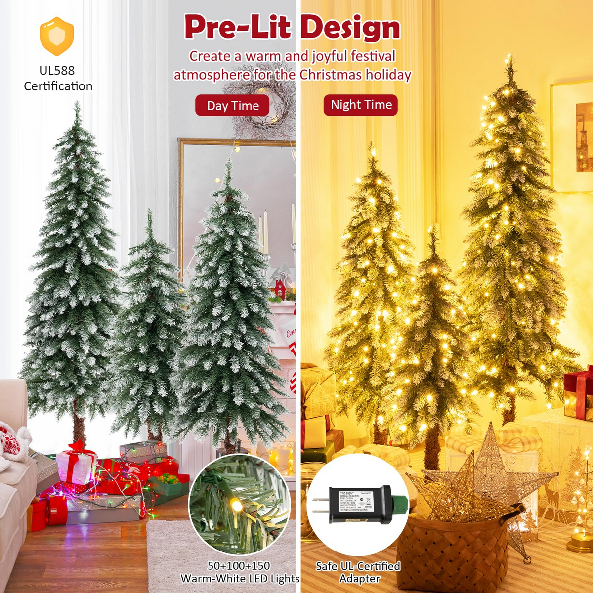 Goflame 3' 4' 5' Pre-Lit Artificial Christmas Tree Set, Slim Pencil Xmas Trees with Snowy Leaves