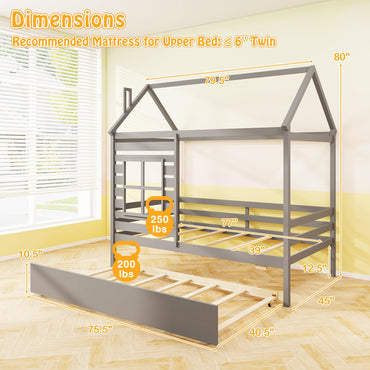 Goflame Twin House Bed with Trundle Bed Twin, Wooden Twin Bed Frames with Roof, Chimney & Window
