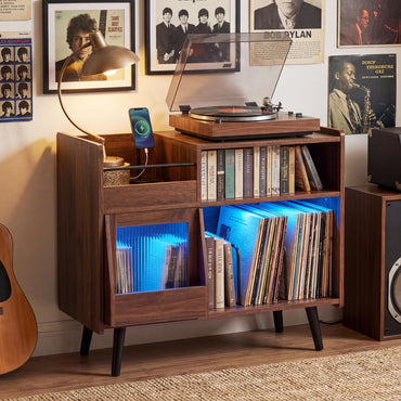 Goflame Record Player Stand with LED Light and Power Outlets Large Turntable Stand with Sliding Door