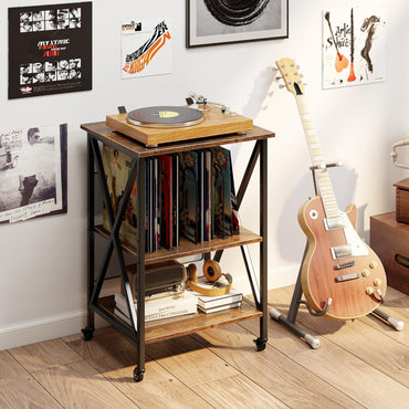 Goflame Record Player Stand with Charging Station Turntable Stand with Record Storage & 4 Rolling Wheels