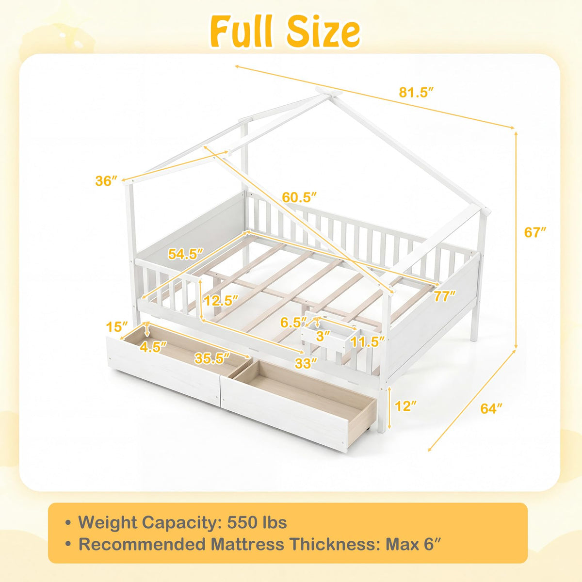 Goflame Full Size House Bed with Roof and Fence Rails for Kid