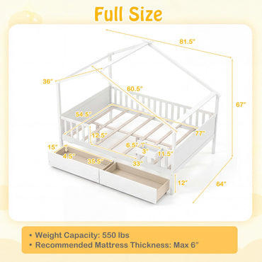 Goflame Full Size House Bed with Roof and Fence Rails for Kid