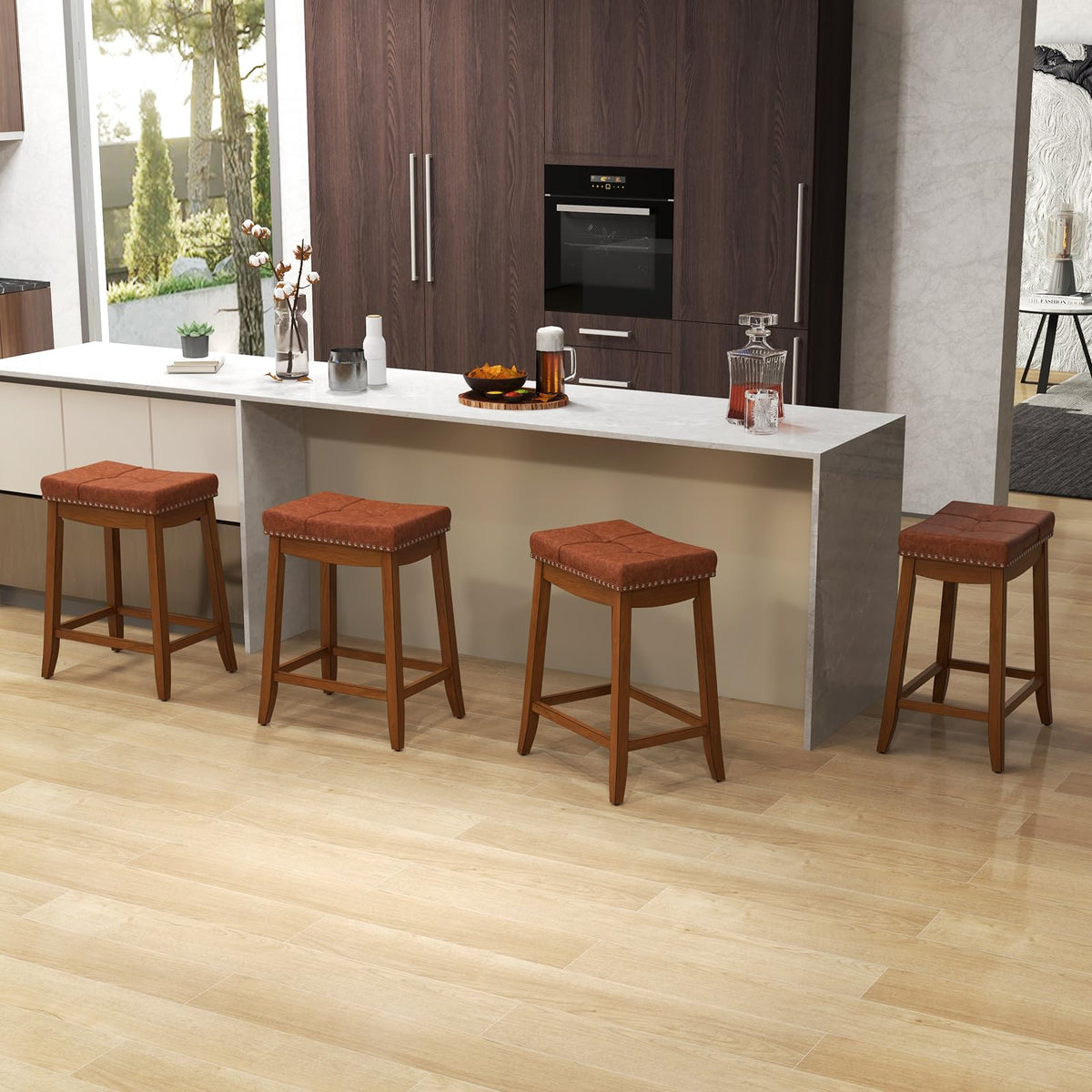 Goflame Bar Stools Set, 25" Counter Height Bar Stools w/Saddle Seat, Footrest, Rivet, Button Tufted, Rubber Wood Frame