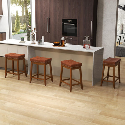 Goflame Bar Stools Set, 25" Counter Height Bar Stools w/Saddle Seat, Footrest, Rivet, Button Tufted, Rubber Wood Frame