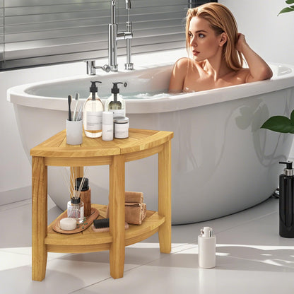 Goflame Corner Shower Stool - Teak Wood Shower Bench Seat with Storage Shelf for Shaving Legs