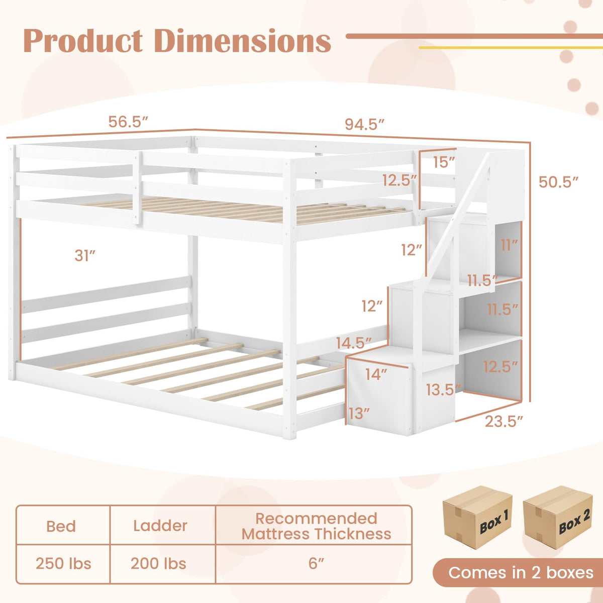 Goflame Bunk Bed with Stairs, Solid Wood Floor Bunk Bed with Storage Staircase & Full-Length Guardrails