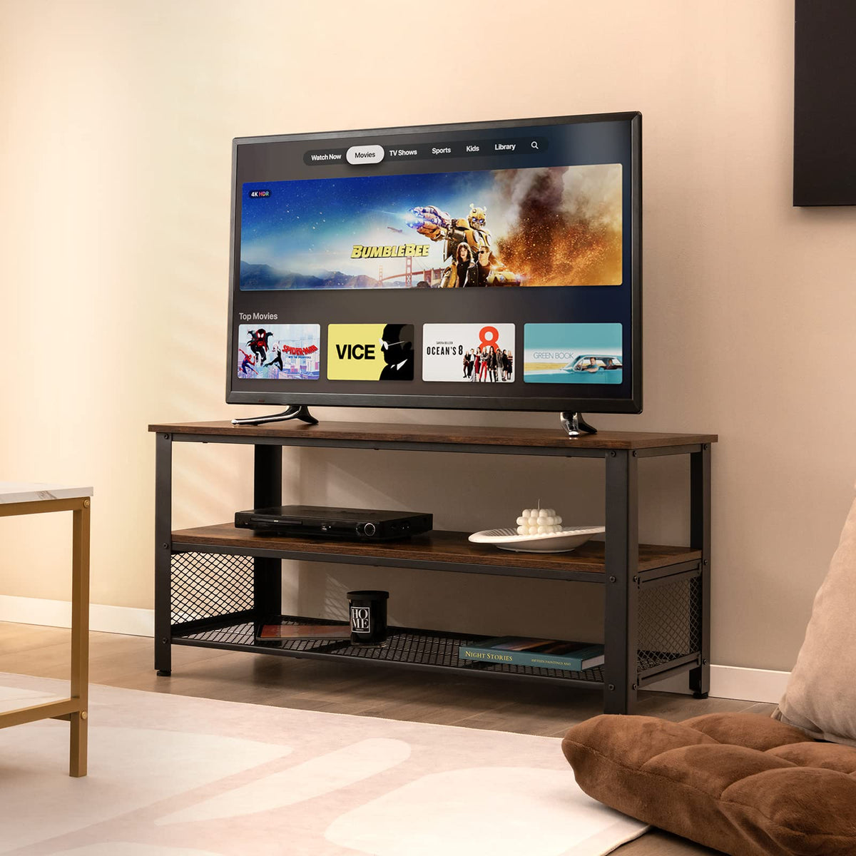 Goflame TV Stand for TV up to 50 Inches, 43.5 inch Wood Industrial TV Cabinet with 3-Tier Storage Shelves, Rustic Brown