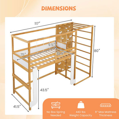 Goflame Twin Bunk Bed with Jungle Gym Wooden Loft Bed with Climbing Ladder