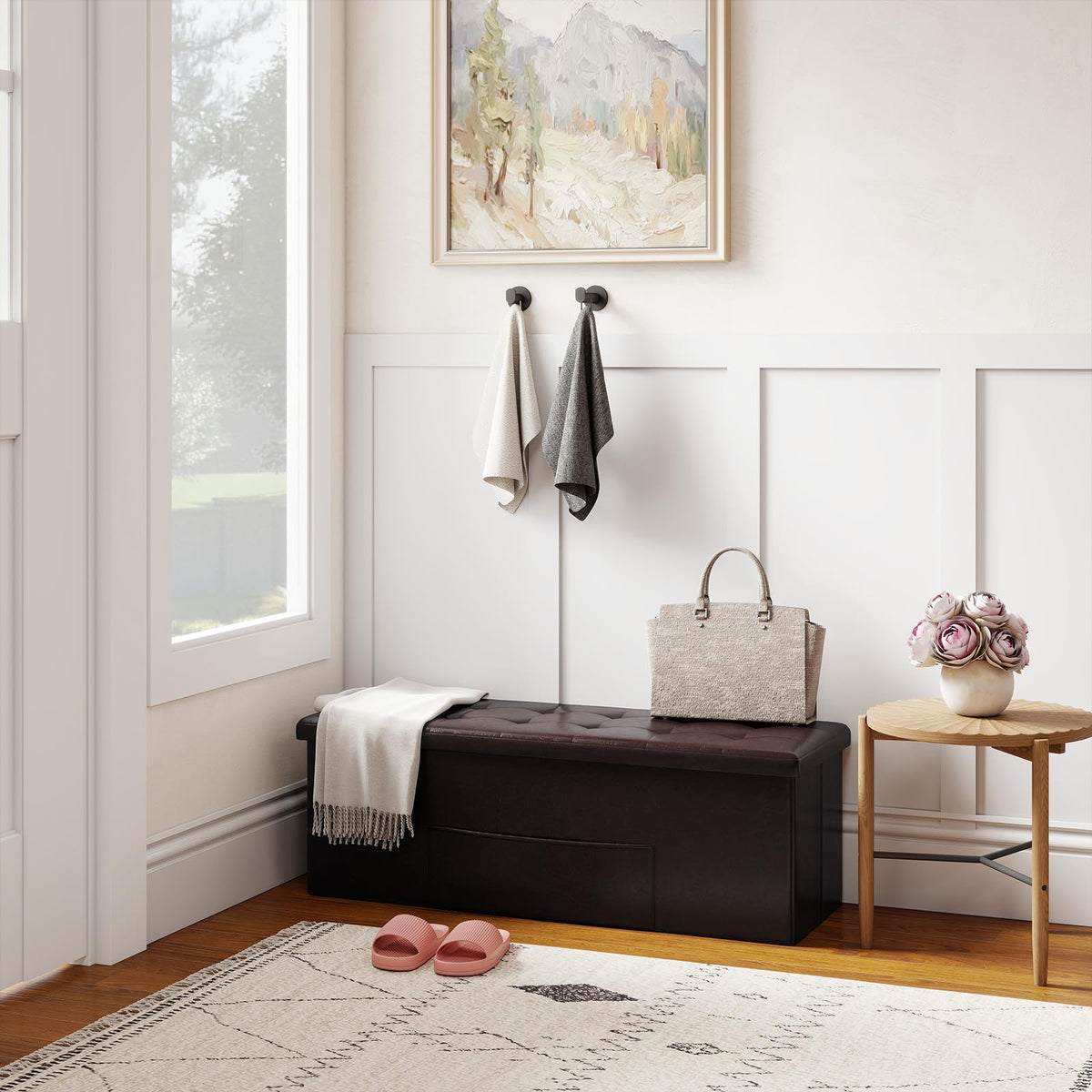 Goflame 43 Inches Folding Storage Ottoman Bench Upholstered PU Leather Storage Chest with Side Pocket