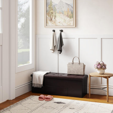 Goflame 43 Inches Folding Storage Ottoman Bench Upholstered PU Leather Storage Chest with Side Pocket