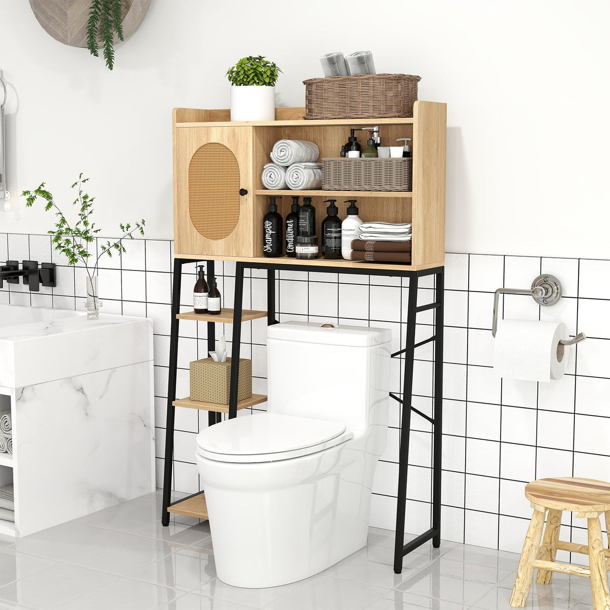 Goflame Over The Toilet Storage Cabinet, Freestanding Storage Organizer Above Toilet with PE Rattan Door and Adjustable Shelf
