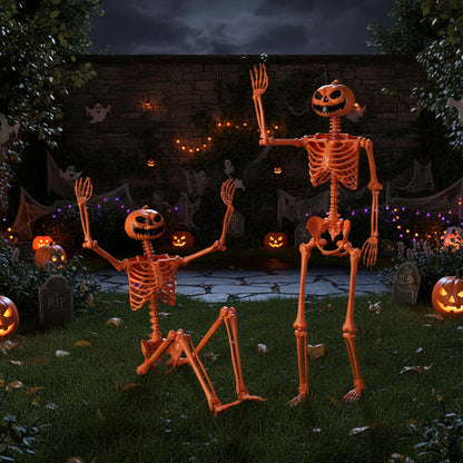 Goflame 5.2 Ft Life-Size Posable Skeleton with Pumpkin Head Halloween Orange Skeleton Decoration