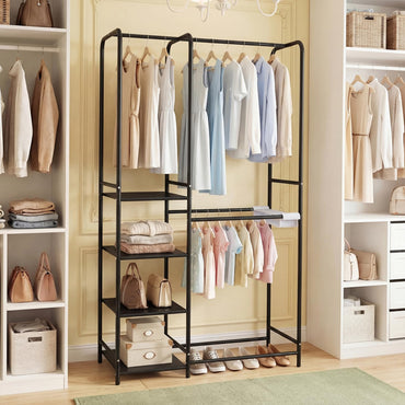 Goflame Heavy-Duty Metal Clothing Rack with 2 Hanging Rods & 4 Storage Shelves