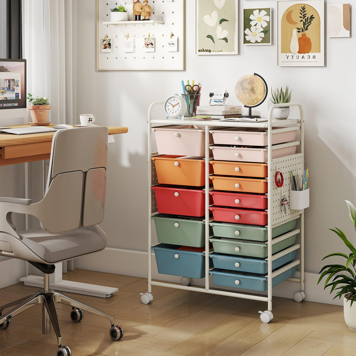 Goflame 15 Drawer Storage Cart | Rolling Craft Cart with Metal Tabletop & Pegboard