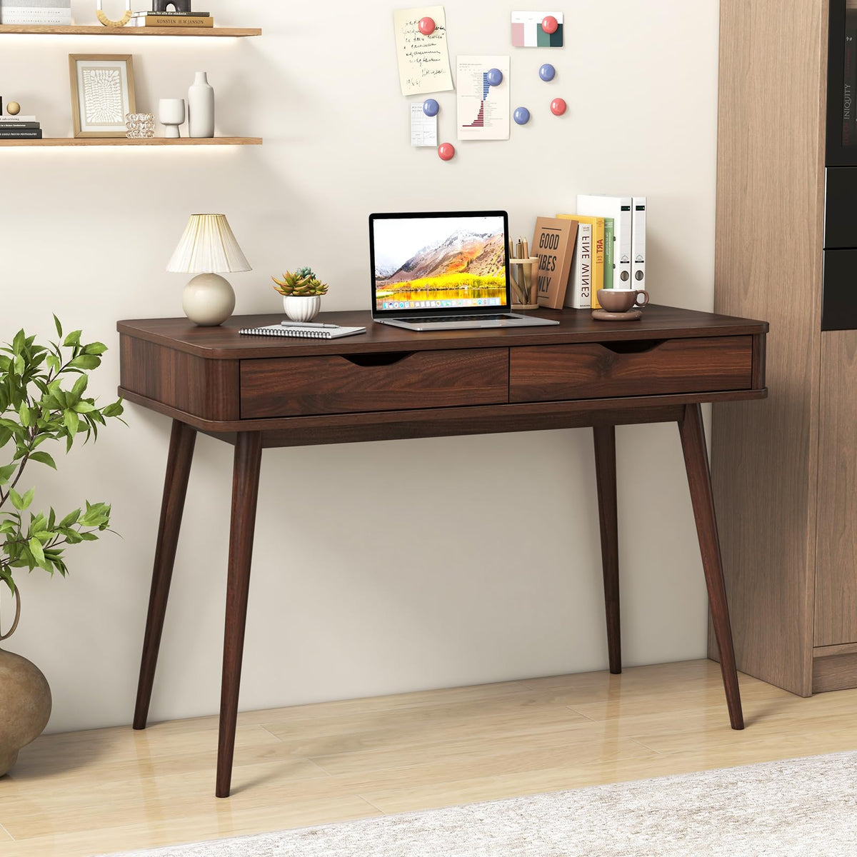 Goflame Mid-Century Desk with 2 Drawers, 43.5" Writing Study Desk with Solid Rubber Wood Legs