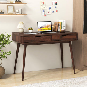 Goflame Mid-Century Desk with 2 Drawers, 43.5" Writing Study Desk with Solid Rubber Wood Legs