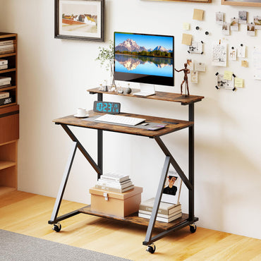 Goflame Rolling Small Desk with Storage | Compact Computer Desk for Small Spaces with Charging Station