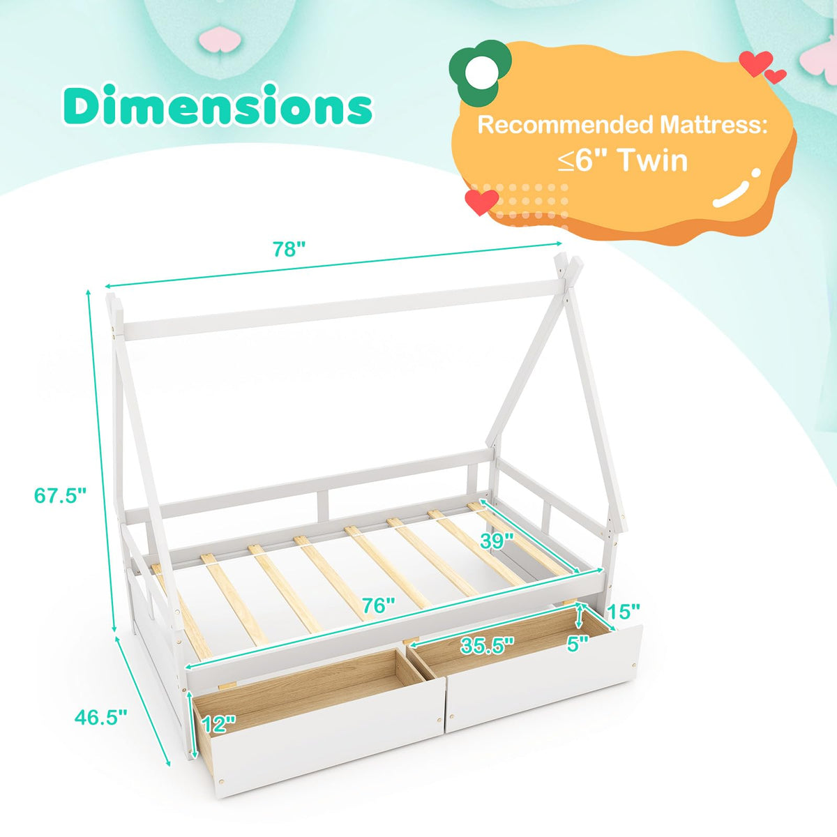 Goflame Twin Bed with 2 Storage Drawers, Wood Montessori House Tent Bed Frame with Safety Guardrail