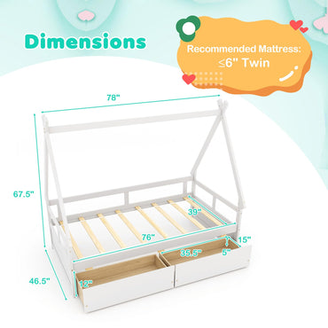 Goflame Twin Bed with 2 Storage Drawers, Wood Montessori House Tent Bed Frame with Safety Guardrail