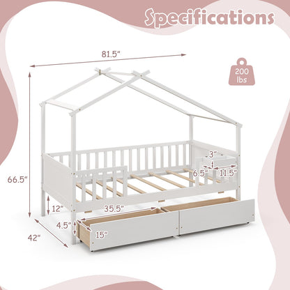 Goflame Twin House Bed with Drawers, Wooden Twin Bed Frame with Cube Storage & Fence Rails