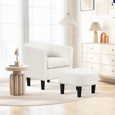 Goflame Modern Accent Chair with Ottoman, Upholstered Teddy Velvet Barrel Club Chair w/Footrest