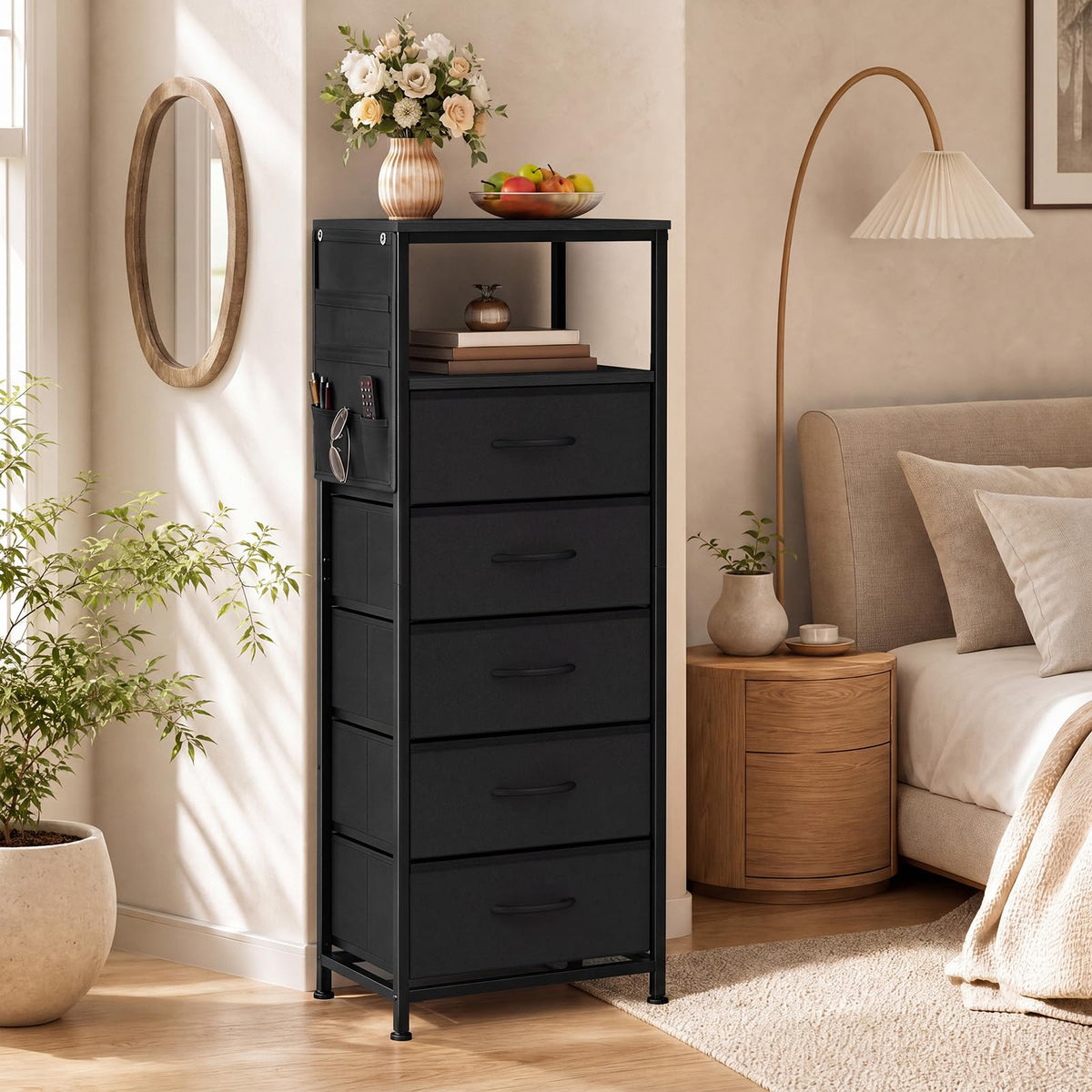 Goflame Modern 39" Bedside Table with Integrated Charging Station & 5 Fabric Drawers (1/2)