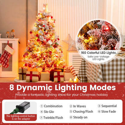 Goflame Pre-Lit Snow Flocked Christmas Tree, Artificial Hinged Xmas Tree with 160 Multi-Color LED Lights