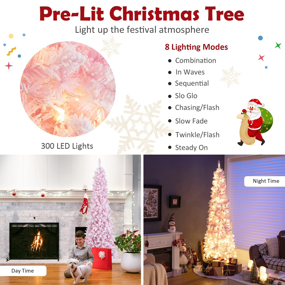 Goflame 7ft Pre-Lit Pencil Christmas Tree, Snow Flocked Artificial Slim Tree with 800 Branch Tips - GoflameUS