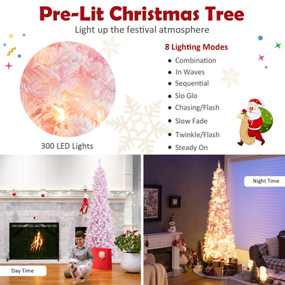 Goflame 7ft Pre-Lit Pencil Christmas Tree, Snow Flocked Artificial Slim Tree with 800 Branch Tips - GoflameUS