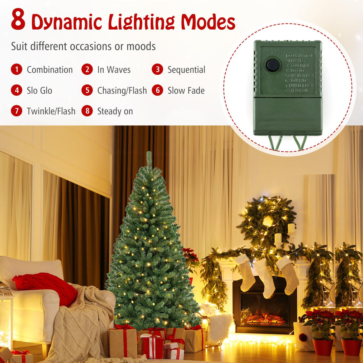 Goflame 7ft Pre-Lit Christmas Tree, Artificial Hinged Xmas Tree with 250 Warm White LED Lights