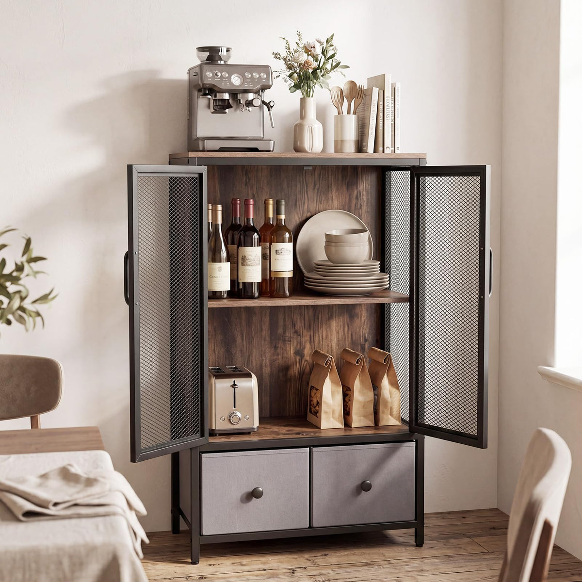 Goflame Industrial Coffee Bar Cabinet with Adjustable Shelves & 2 Removable Cloth Drawers