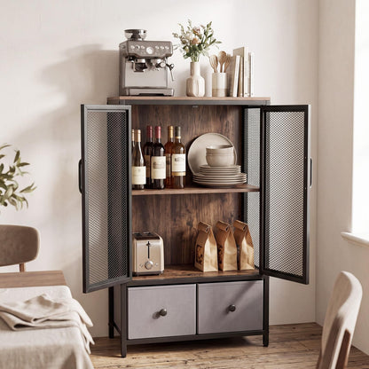 Goflame Industrial Coffee Bar Cabinet with Adjustable Shelves & 2 Removable Cloth Drawers
