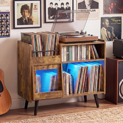 Goflame Large Record Player Stand with LED Light& Sliding Door