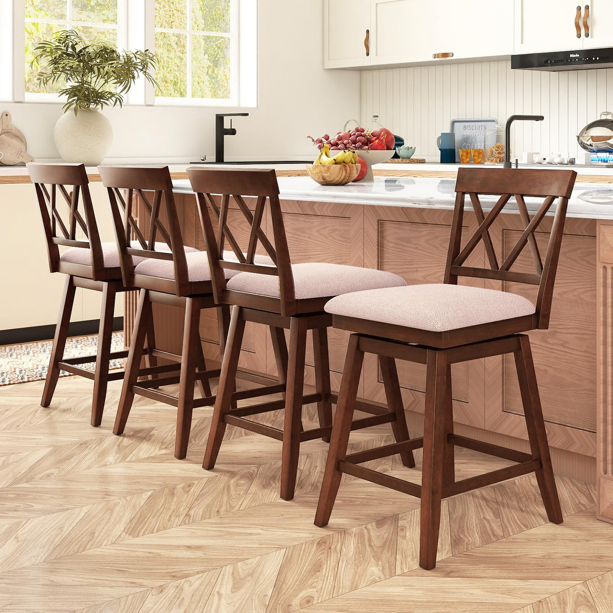 Goflame Counter Height Bar Stool with Crossed Backs and Rubber Wood Legs