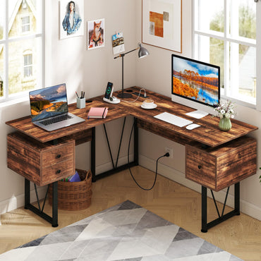Goflame L Shaped Desk with Drawers, 59” Large Computer Desk with Power Outlet