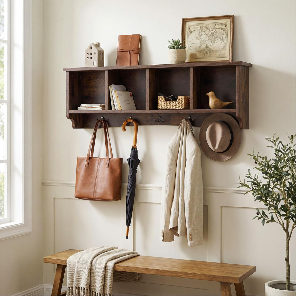 Goflame Wall Mounted Coat Rack with 4 Cubbies & 5 Double Hooks
