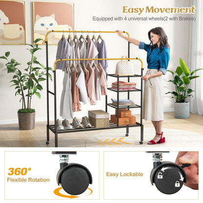 Goflame Double Rods Garment Rack with Wheels, Clothing Rack w/ 2 Hanging Height Adjustable Rods, Side Mesh Racks