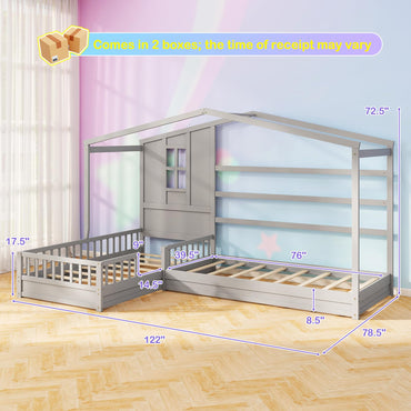 Goflame Double Twin Beds for Kids, House L-Shaped Platform Beds with Window & Fences