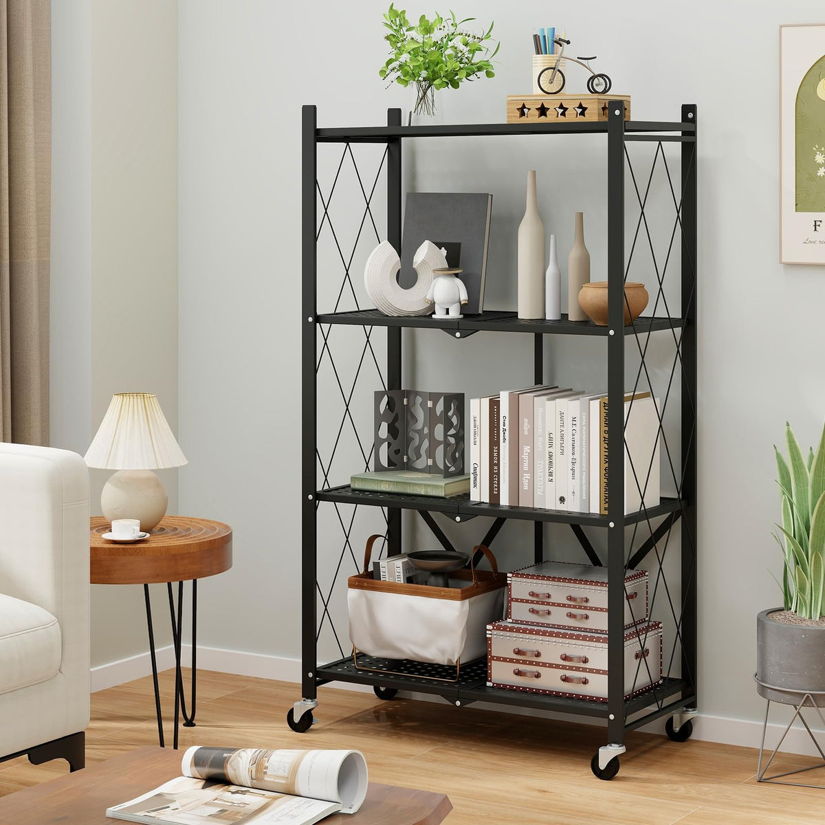 Goflame 4-Tier Foldable Storage Shelf, Collapsible Shelving Unit Display with Lockable Wheels